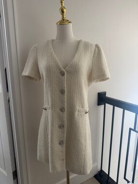 Aqua Ivory Bouclé Short-Sleeve Mini Dress with Decorative Buttons